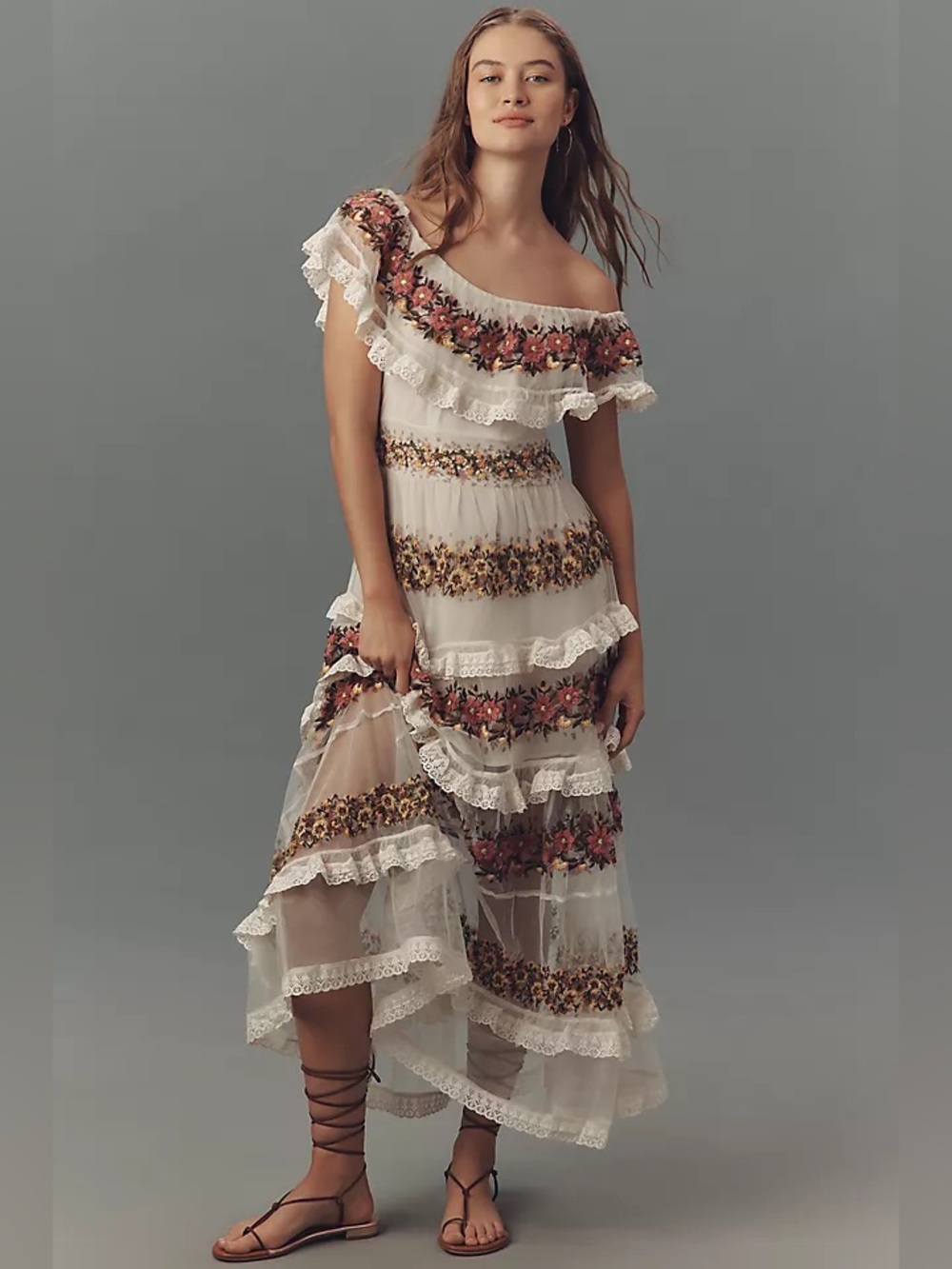 Anthropologie Ruffle-Sleeve V-Neck Embroidered Tulle Tiered Maxi Dress - Picture 2 of 7